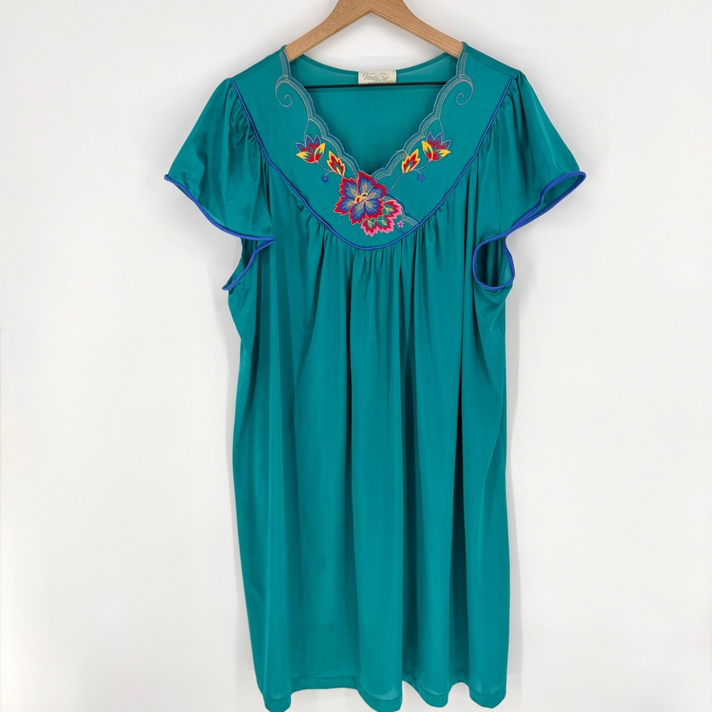 Vtg Vanity Fair XL Teal Floral Peignoir Set Made USA Antron Nylon Robe Gown EUC - Picture 2 of 13